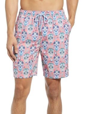 Peter Millar Pink Sugar Skull Swim Shorts with Blue Waistband Size Small